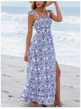 Large Blue and White ornate maxi dress
